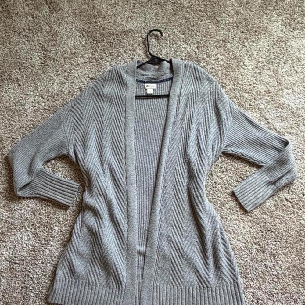 STYLUS Gray Chevron Ribbed Knit Open Front Cardigan Sweater Size L